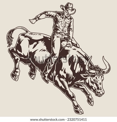 Rodeo bull monochrome vintage element with male daredevil riding dangerous wild cow to demonstrate courage and agility vector illustration