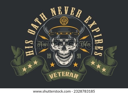 Military veteran sketch colorful vintage army officer skull with Great Seal US cap and oath never expires vector illustration