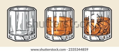 Whiskey glasses colorful set emblem with alcoholic drink in glasses with or without ice for menu cafe design vector illustration