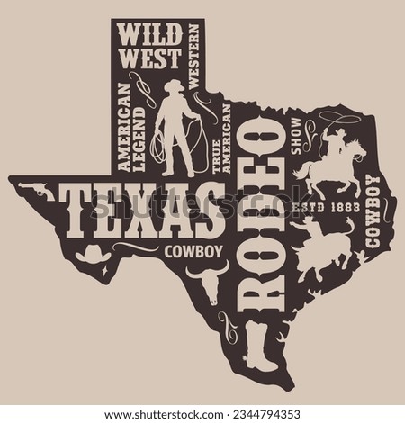 Texas rodeo vintage emblem monochrome map silhouette with bulls and horses near words wild west or American legend vector illustration