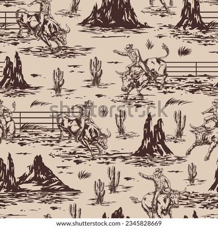Bull rodeo monochrome pattern seamless with bull throwing off rider during cowboy show in arena with cacti vector illustration