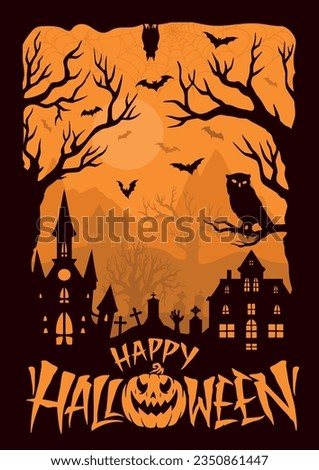 Happy Halloween night colorful poster with senior landscape of tombstones and mysterious castles near festive pumpkin vector illustration Foto stock © 