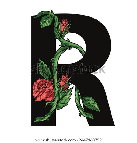 Floral letter R colorful sticker with rose buds with curly stem near latin symbol for header design vector illustration
