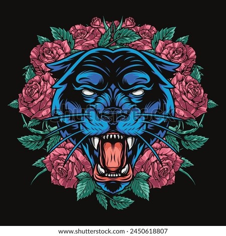Panther in flowers flyer colorful with wild cat living in countries south asia with rose buds around head vector illustration