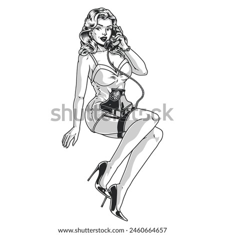 Girl with phone monochrome pin-up element with lady in nightgown talking to girlfriend discussing boyfriend vector illustration