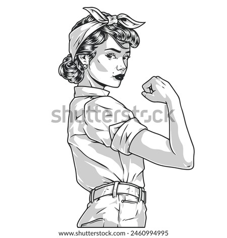 Strong woman monochrome pin-up element with independent lady showing biceps to prove readiness to fight for rights vector illustration