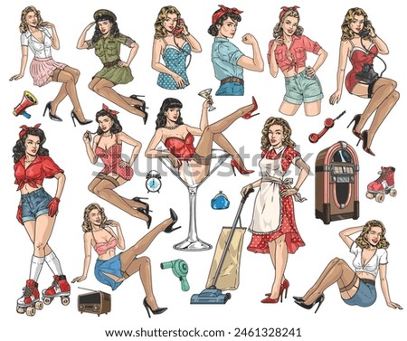 Pinup girls set labels colorful with models in beautiful clothes posing in different poses for retro calendar vector illustration