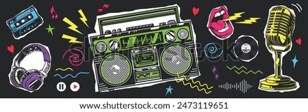 Music culture vintage poster colorful with retro player and film cassette or microphone and headphones vector illustration