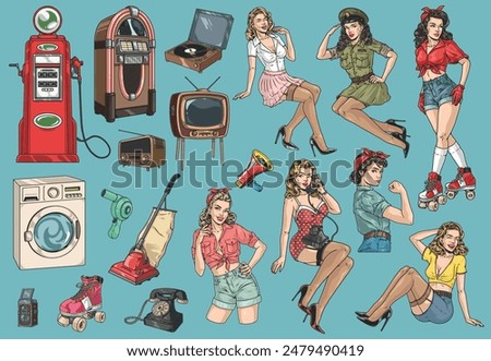 Retro pop culture colorful set stickers with cute women and equipment from 20th century for magazine design vector illustration