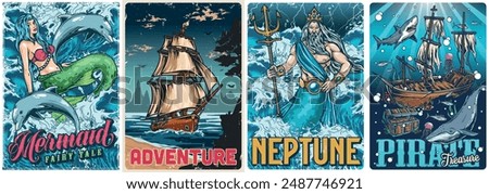 Marine adventure colorful set posters with mermaid and sailing ships near god Neptune and pirate sea vessel vector illustration