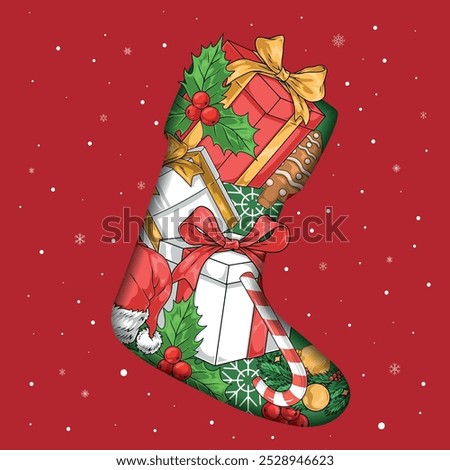 Christmas sock colorful detailed sticker with gifts from Santa and sweets for design New Year books and magazines vector illustration