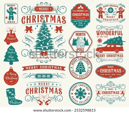 Merry Christmas colorful set labels with holiday trees and greeting lettering near New Year gingerbread cookies vector illustration