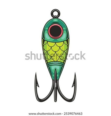 A vibrant fishing lure exhibits a green and yellow design featuring circular eyes and sharp hooks. Ideal for attracting fish in freshwater locations during daytime fishing expeditions.