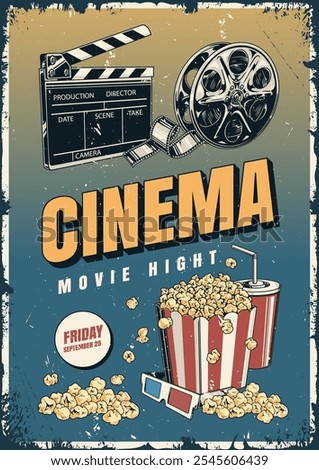 This poster promotes a movie night event with a vintage design. It showcases a film reel clapperboard popcorn and emphasizes the date and entertainment theme.