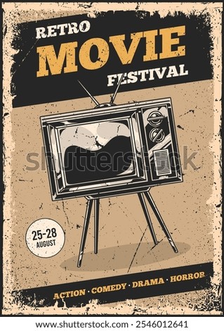 This retro-inspired poster promotes a movie festival. It features a classic television displaying abstract shapes and highlights various film genres.