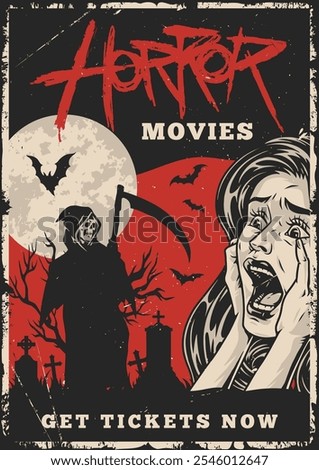 A striking horror movie poster displays a grim reaper figure alongside a terrified woman. The eerie atmosphere is enhanced by bats and a full moon inviting viewers to get tickets.