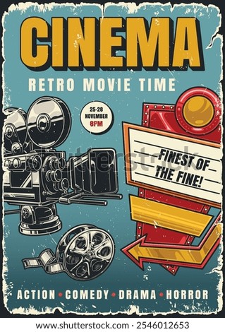 This poster invites viewers to a retro movie event showcasing various film genres. It highlights showtimes and offers a nostalgic vibe for cinema lovers.