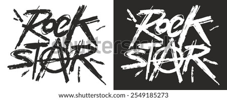 This creative design showcases a rock star logo featuring bold typography and an anarchy symbol. The artwork stands out in contrasting black and white color schemes emphasizing its rebellious theme.