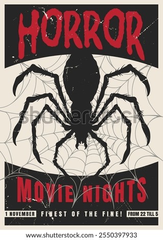 A promotional poster highlights a horror movie night event. The design features a large spider and intricate web details emphasizing a spooky atmosphere.