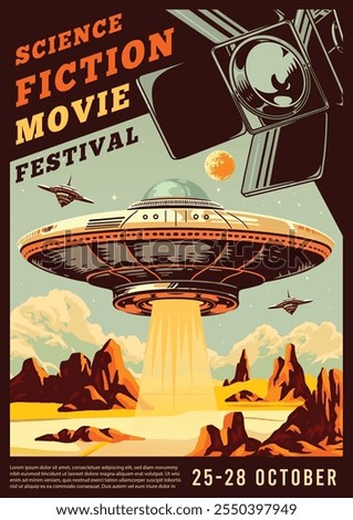 A vibrant poster promoting a science fiction movie festival displaying a flying saucer above desert landscapes with planets and a camera set