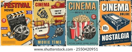 A collection of vintage-style cinema posters advertising a film festival with details about movie screenings timing and nostalgic imagery of popcorn and cinema reels.