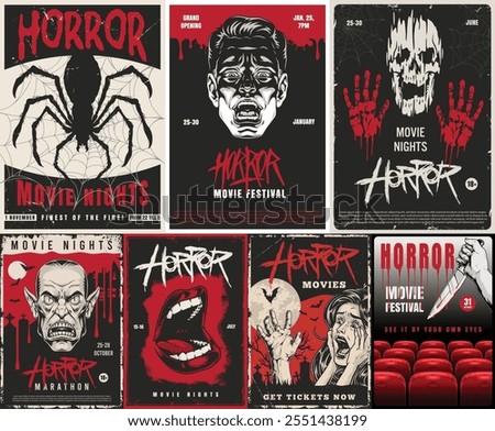 A collection of promotional materials for a horror movie festival includes various designs featuring iconic horror elements like spiders skulls and creepy characters.