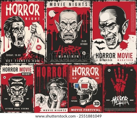 Various promotional posters highlight a horror movie marathon. The designs feature iconic horror themes and call for ticket purchases for the event.