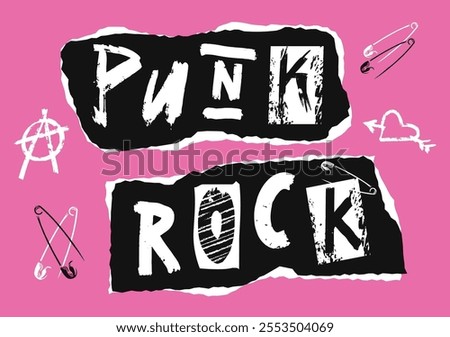 Bright pink background features black torn paper with the words Punk Rock in stylized letters. Safety pins and hearts emphasize the rebellious spirit of punk culture.