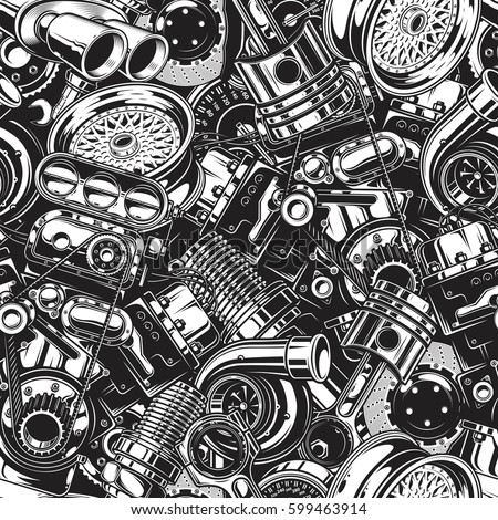 Automobile car parts seamless pattern with monochrome black and white elements background.