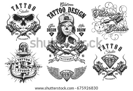 Set of vintage black and white tattoo emblems, badges, labels and logos. isolated on white background. layered