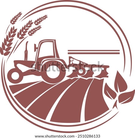 Tractor cultivates the field, isolated monochrome logo. Agriculture sign.  Symbol for design, logo. Vector illustration.
Agricultural production logo with a silhouette icon of a tractor plowing a fiel