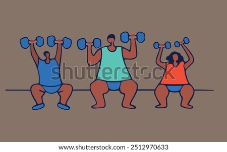 body positive people doing weightlifting in positive mood