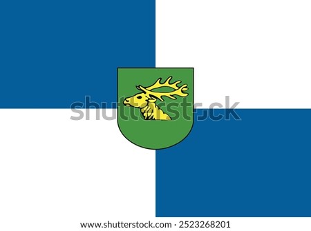 A flag with a deer on it. The flag is blue and white