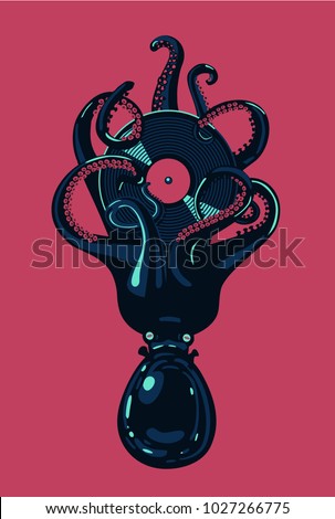 Octopus with vinyl disc in tentacles.. Hip-hop music poster. Night party clipart. Tattoo style.