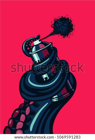 Octopus tentacle is holding a graffity spray can. Underground cotemporary artist illustration.