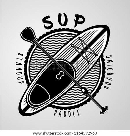 SUP. Standup padle boarding vector sign. Vintage icon on isolated backround. Surf board and paddle. Stock fotó © 