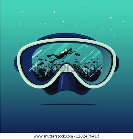 Diving mask with scuba diver on reflection. Diving on coral reef. Extreme sport vector background. Double exposure illustration.