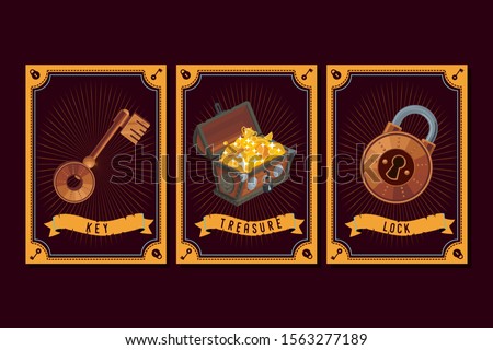 Game asset pack. Fantasy card with magic items. User interface design elements with decorative frame. Cartoon vector illustration. Treasure chest, lock and key