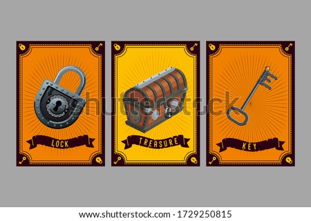 Lock, chest and key. Card game collection. Fantasy ui kit with magic items. User interface design elements with decorative frame. Cartoon vector illustration.