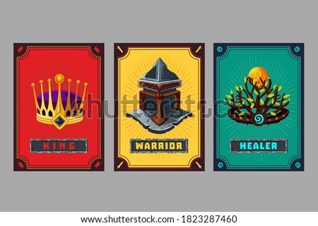Card deck. Collection game art. Fantasy ui kit with magic items. User interface design elements with decorative frame. Equipment assets. Cartoon vector illustration. Crown, helmet and hoop.