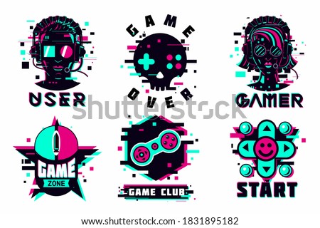 Game team emblem set. Glitch style vector signs. Cyber punk illustration set. Virtual reality sport icons.