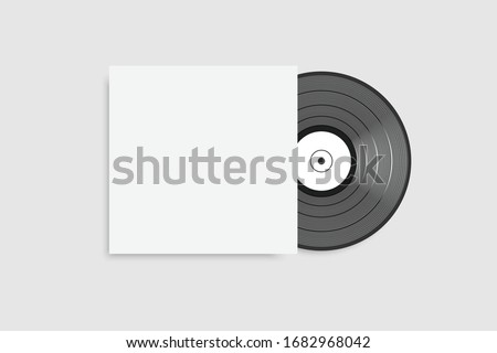 black vinyl record with blank white cover on white background. - concert poster for your design.