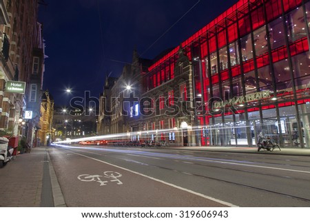 Amsterdam, Netherlands - August 26, 2015: DeLaMar theater by night at Leidseplein area in Amsterdam, Netherlands