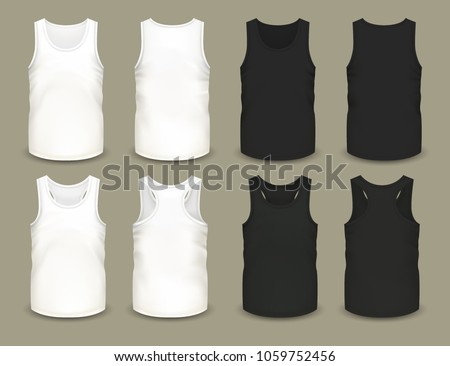 Set of isolated sleeveless male sport shirts or men top apparel. Mockup of guy t-shirt sportswear. Front and back side of cloth. Realistic and volumetric undershirt. Menswear and fashion theme