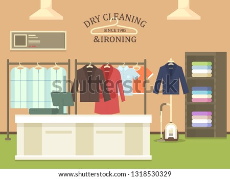 Dry cleaning and ironing shop interior view