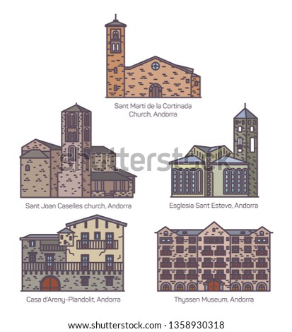 Set of isolated colorful Andorra church and castle