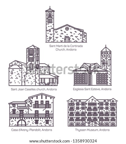 Set of isolated line Andorra church and castle
