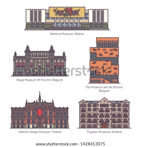 Set of isolated european museums in color. Line icons of National museums of Albania,Royal museum of fine art and Aan de Stroom in Belgium,Helsinki design and Thyssen in Andora. Architecture,buildings