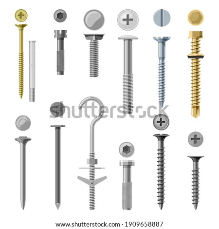 Set of isolated screw and nails. Vector bolt with different nut for drill. Engineering and building tool, construction repair. Hexahedron torx and rivet, mechanical hook fastener. Workshop assortment