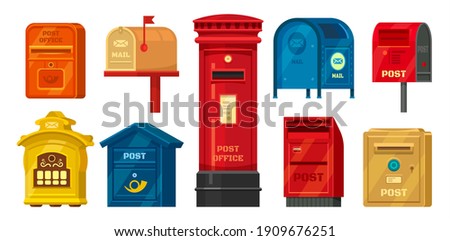 Set of isolated retro mailbox or vintage post box. Letter boxes for communication, traditional english mailing service. Europe correspondence service for postage. Old email symbol for contact address
